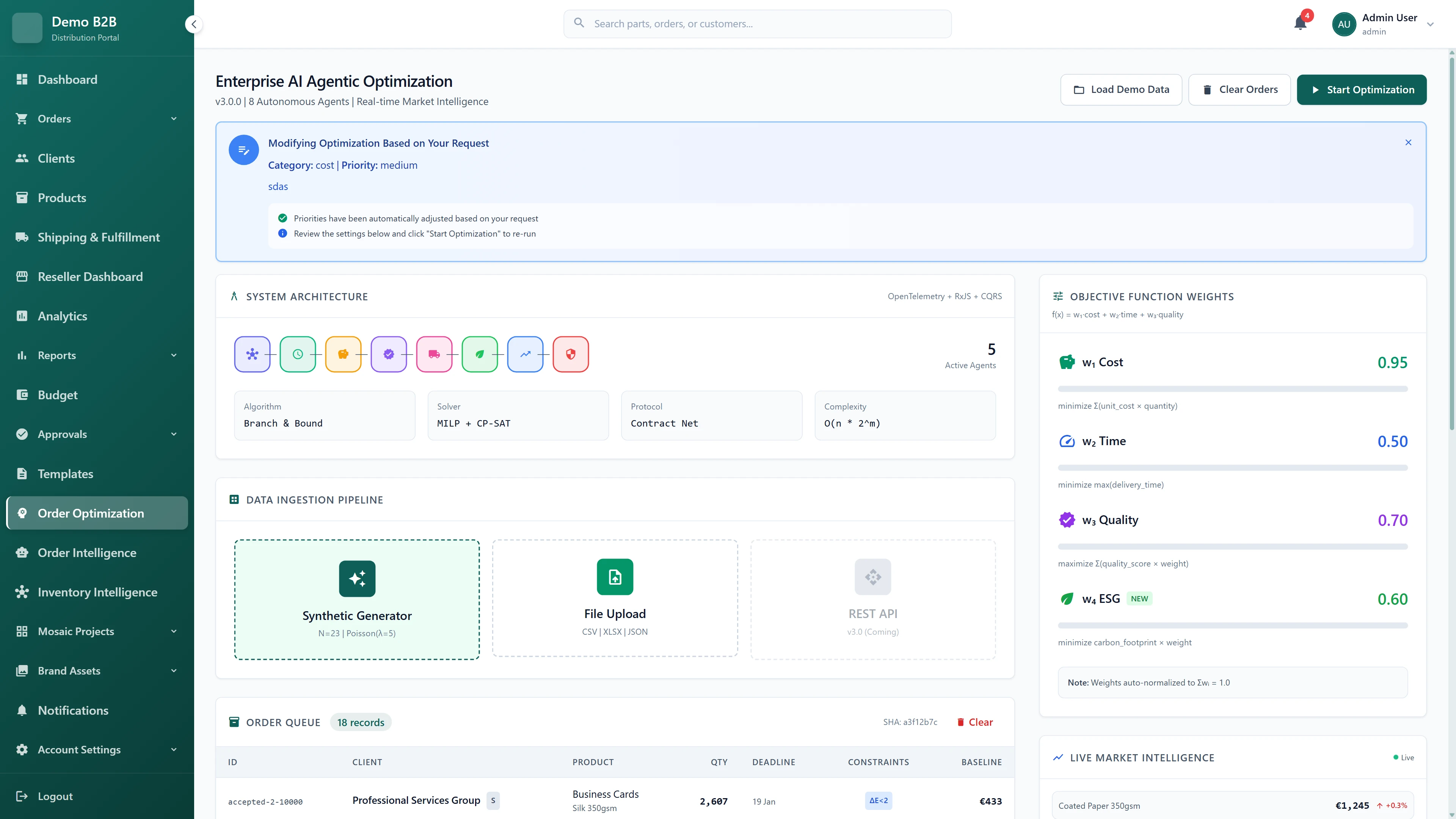 Enterprise AI Agentic Optimization configuration interface displaying system architecture with Branch & Bound algorithm, MILP + CP-SAT solver, data ingestion pipeline options, order queue management, and configurable objective function weights for cost, time, quality, and ESG optimization